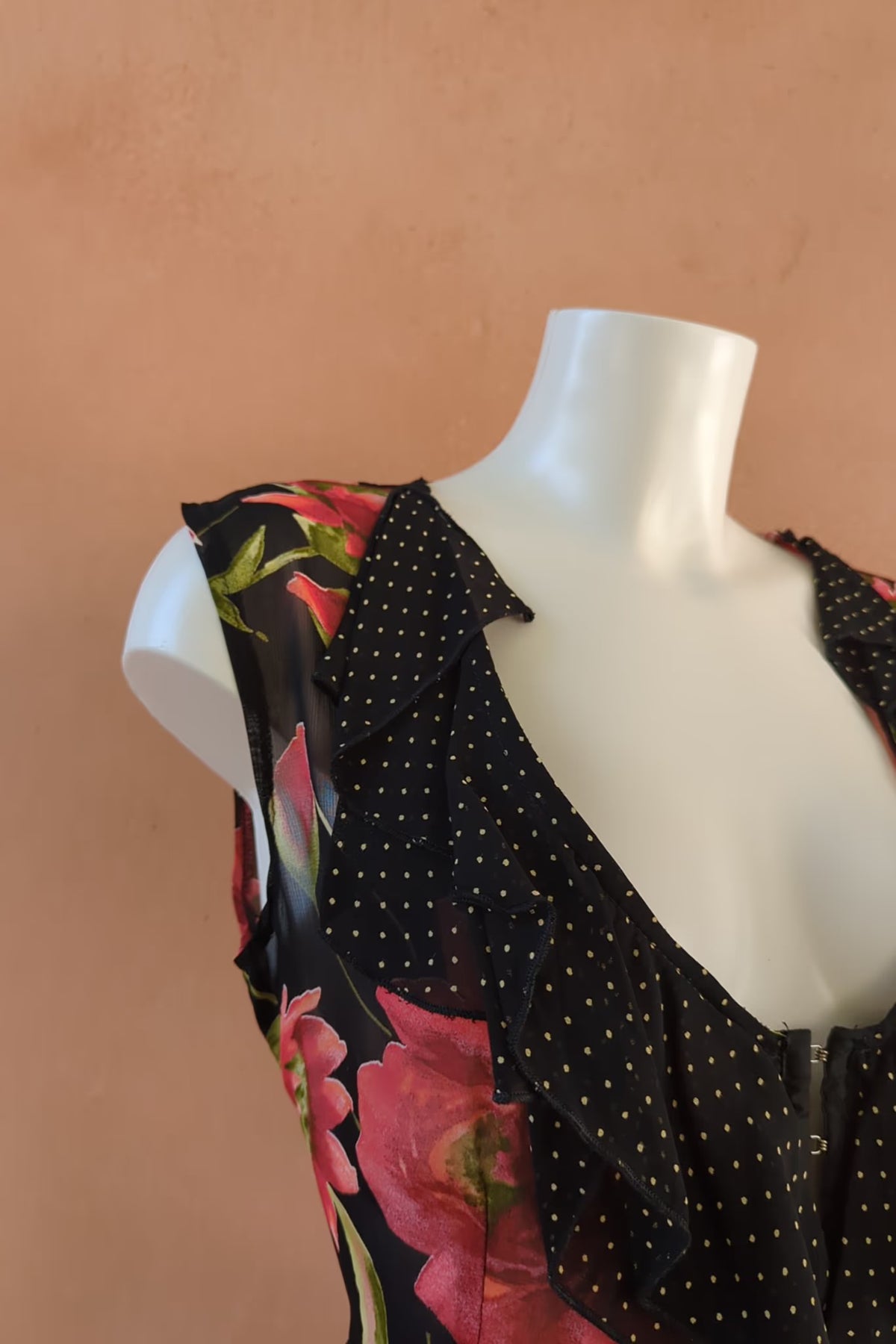 The Black Floral Polka Dot Ruffle 90s Viscose Top