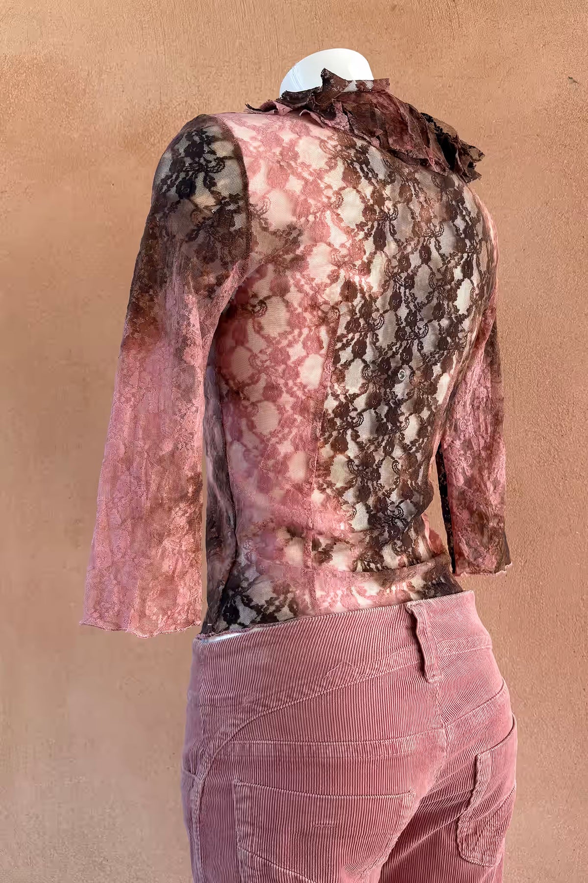 The Dusty Pink & Brown Lace Ruffle Y2K Top