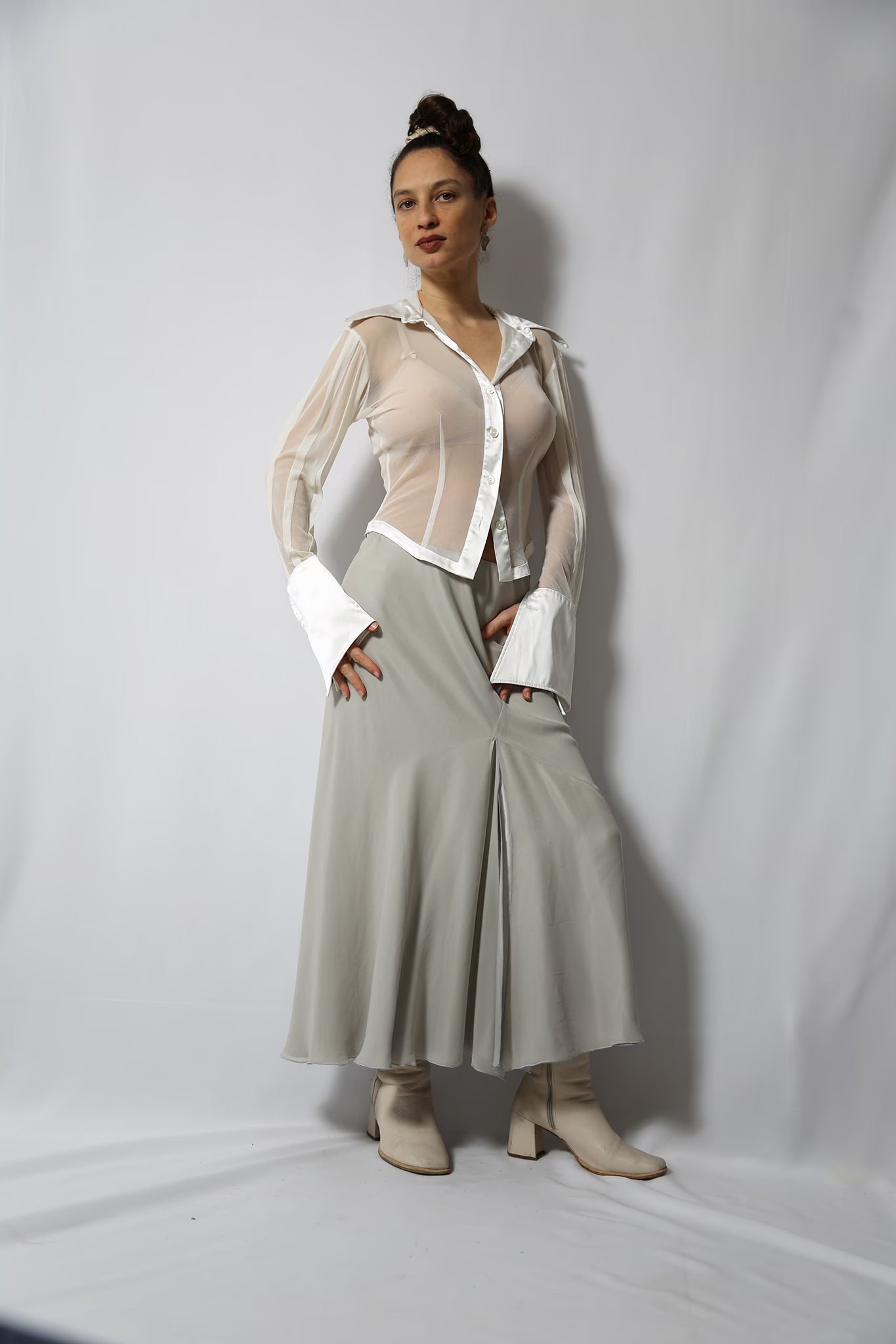 The White Mesh & Satin Sheer Shirt