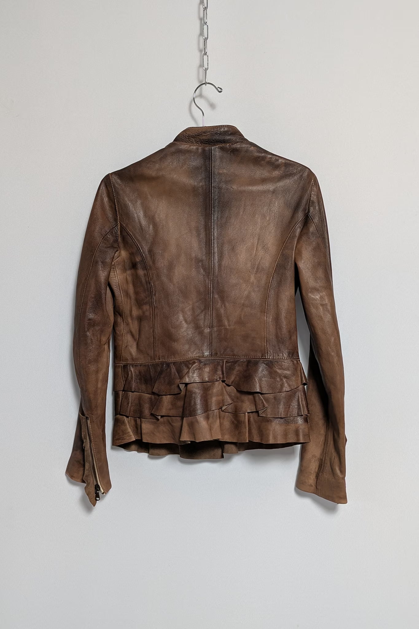 The Brown Leather Jacket with Peplum Detailing