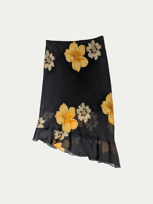 The Asymmetrical Floral Black Midi Skirt