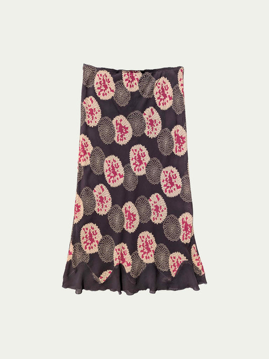 Blunauta Silk Patterned Brown Midi Skirt