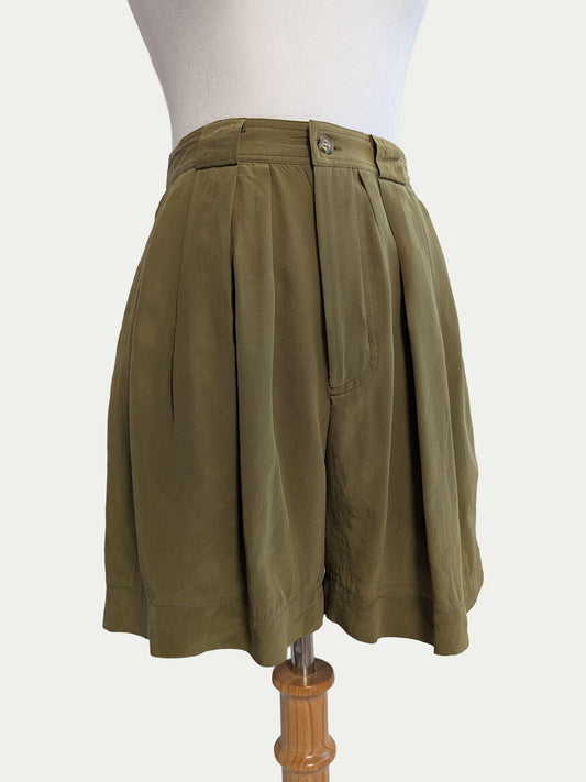 The Olive Silk Pleated Shorts