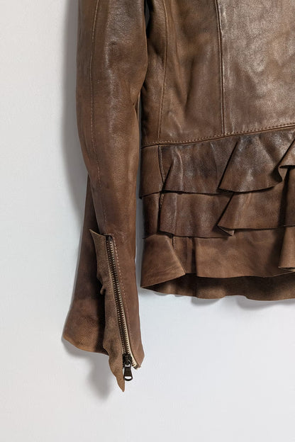 The Brown Leather Jacket with Peplum Detailing