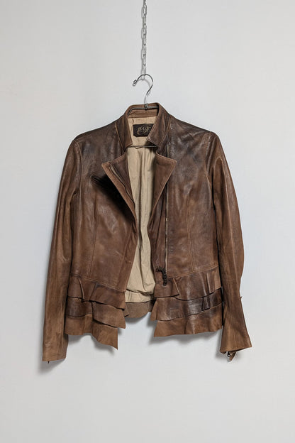 The Brown Leather Jacket with Peplum Detailing