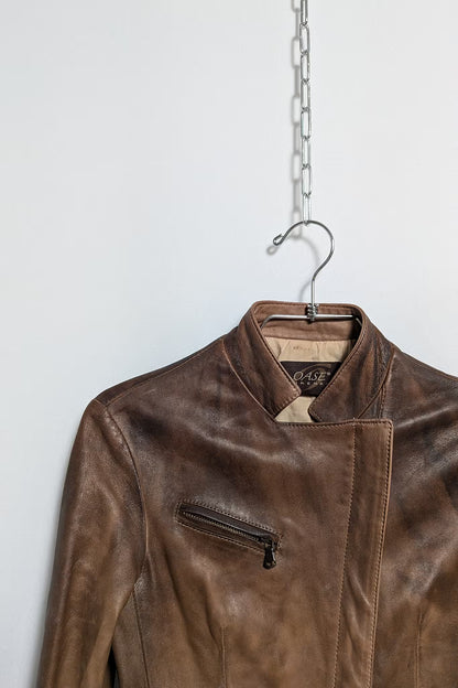 The Brown Leather Jacket with Peplum Detailing