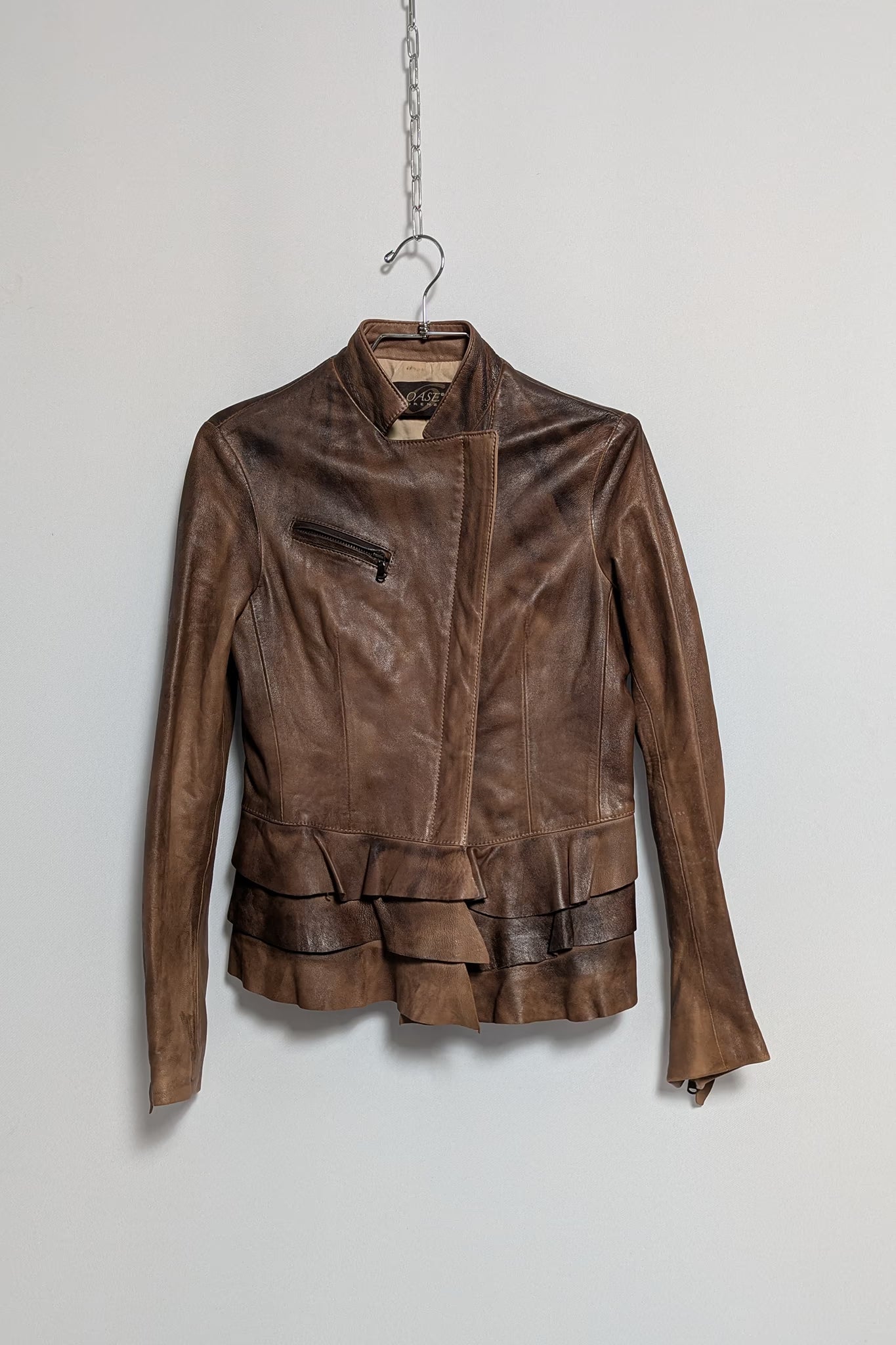 The Brown Leather Jacket with Peplum Detailing