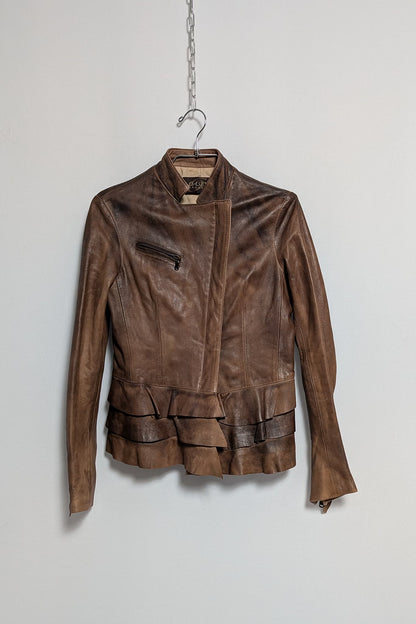 The Brown Leather Jacket with Peplum Detailing