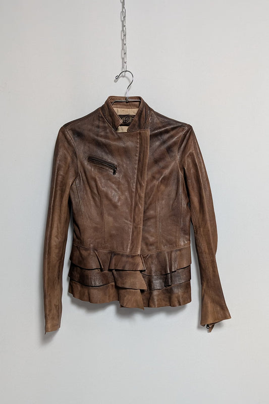 The Brown Leather Jacket with Peplum Detailing