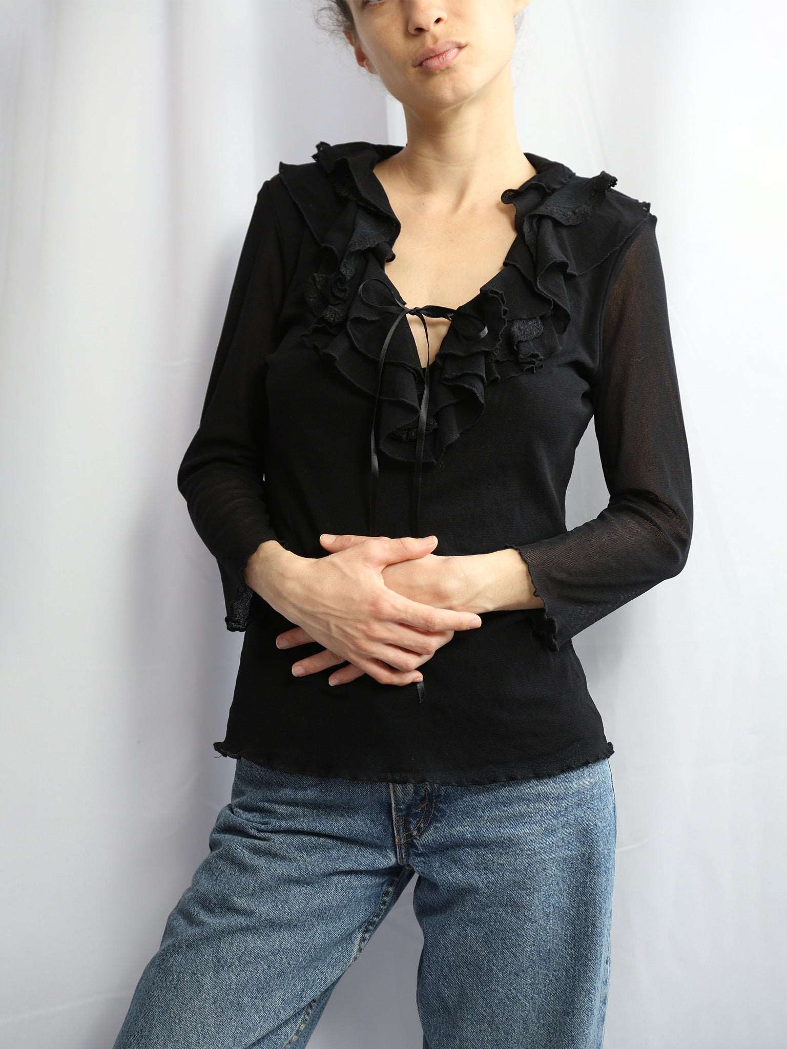 The Ruffled Cleavage Black Mesh Top