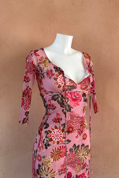 The Pink Ruched Mesh 90s Dress