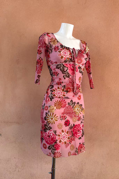 The Pink Ruched Mesh 90s Dress