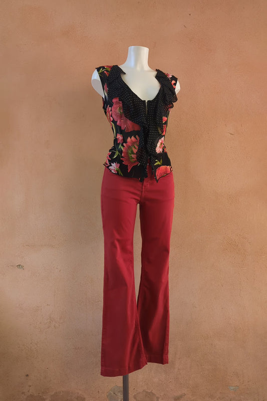 The Black Floral Polka Dot Ruffle 90s Viscose Top