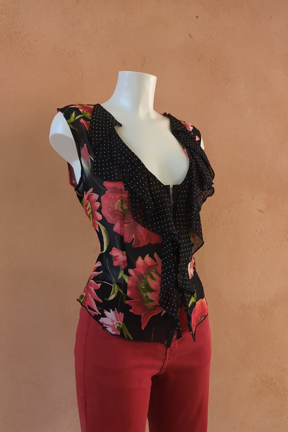 The Black Floral Polka Dot Ruffle 90s Viscose Top