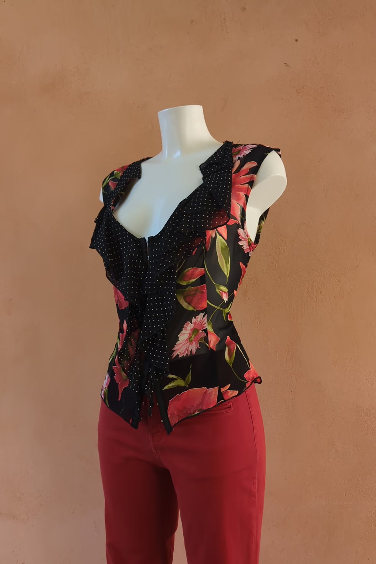 The Black Floral Polka Dot Ruffle 90s Viscose Top