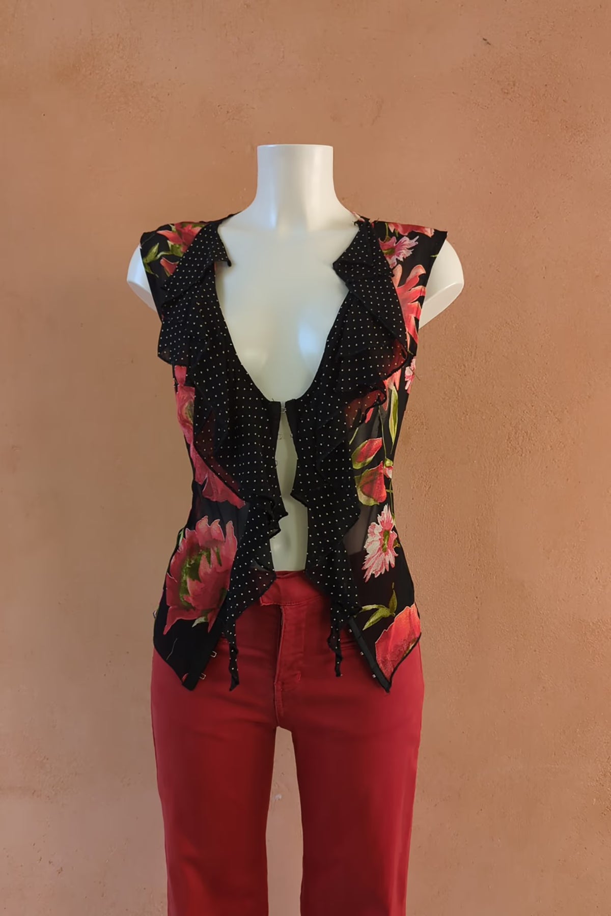 The Black Floral Polka Dot Ruffle 90s Viscose Top