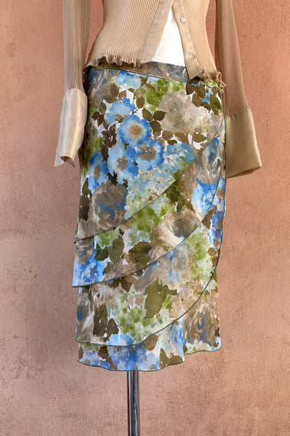 The Pastel Floral Asymmetrical Chiffon Midi Skirt
