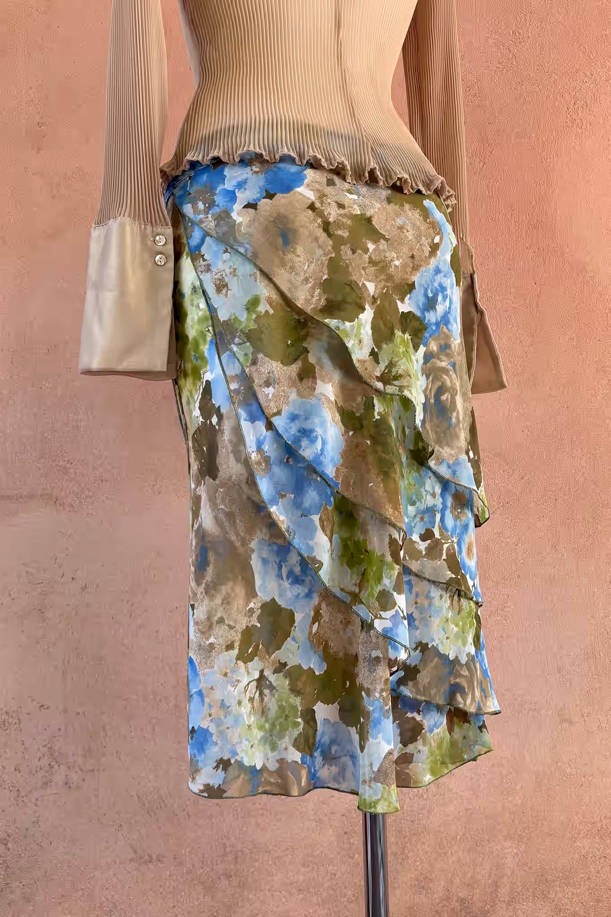 The Pastel Floral Asymmetrical Chiffon Midi Skirt