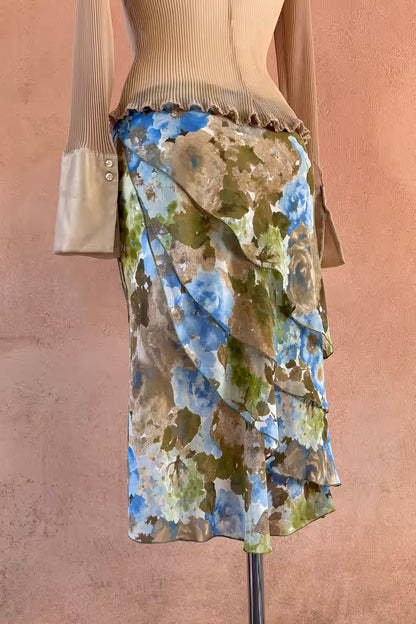 The Pastel Floral Asymmetrical Chiffon Midi Skirt