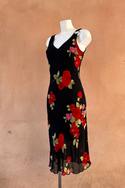 The Black Floral Silver Ring Slip Dress