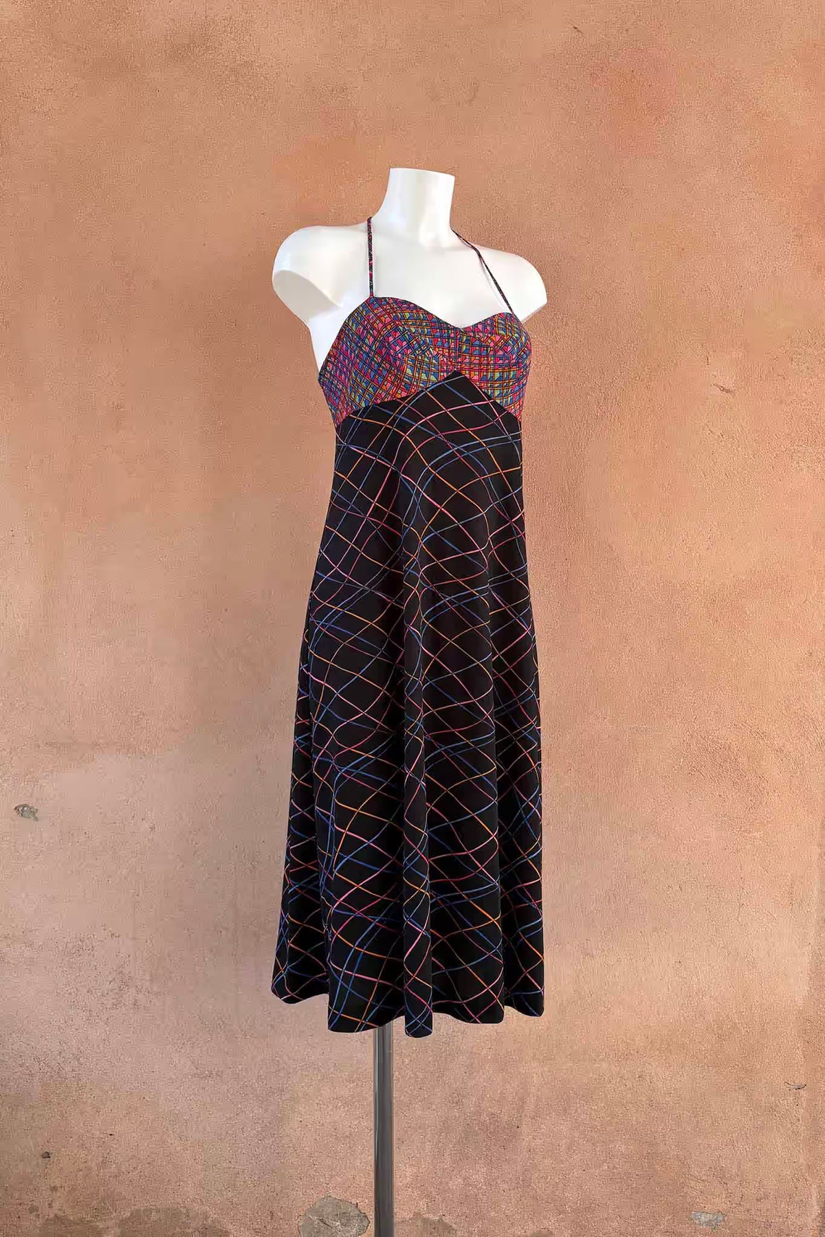The Black Geometric Print 70s Midi Dress
