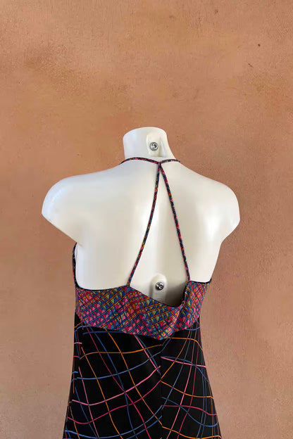 The Black Geometric Print 70s Midi Dress