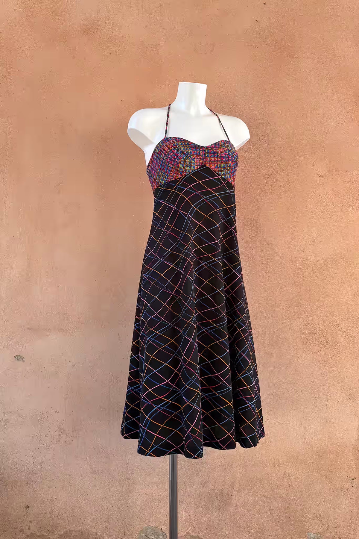 The Black Geometric Print 70s Midi Dress
