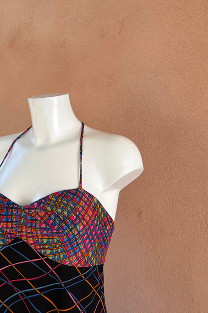 The Black Geometric Print 70s Midi Dress