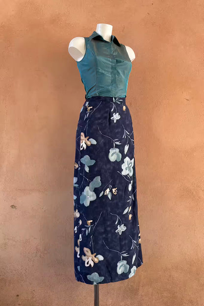 The Navy Watercolor Floral 90s Maxi Wrap Skirt