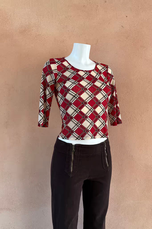 The Esisto by Conpibel Red Plaid Mesh Y2K Top