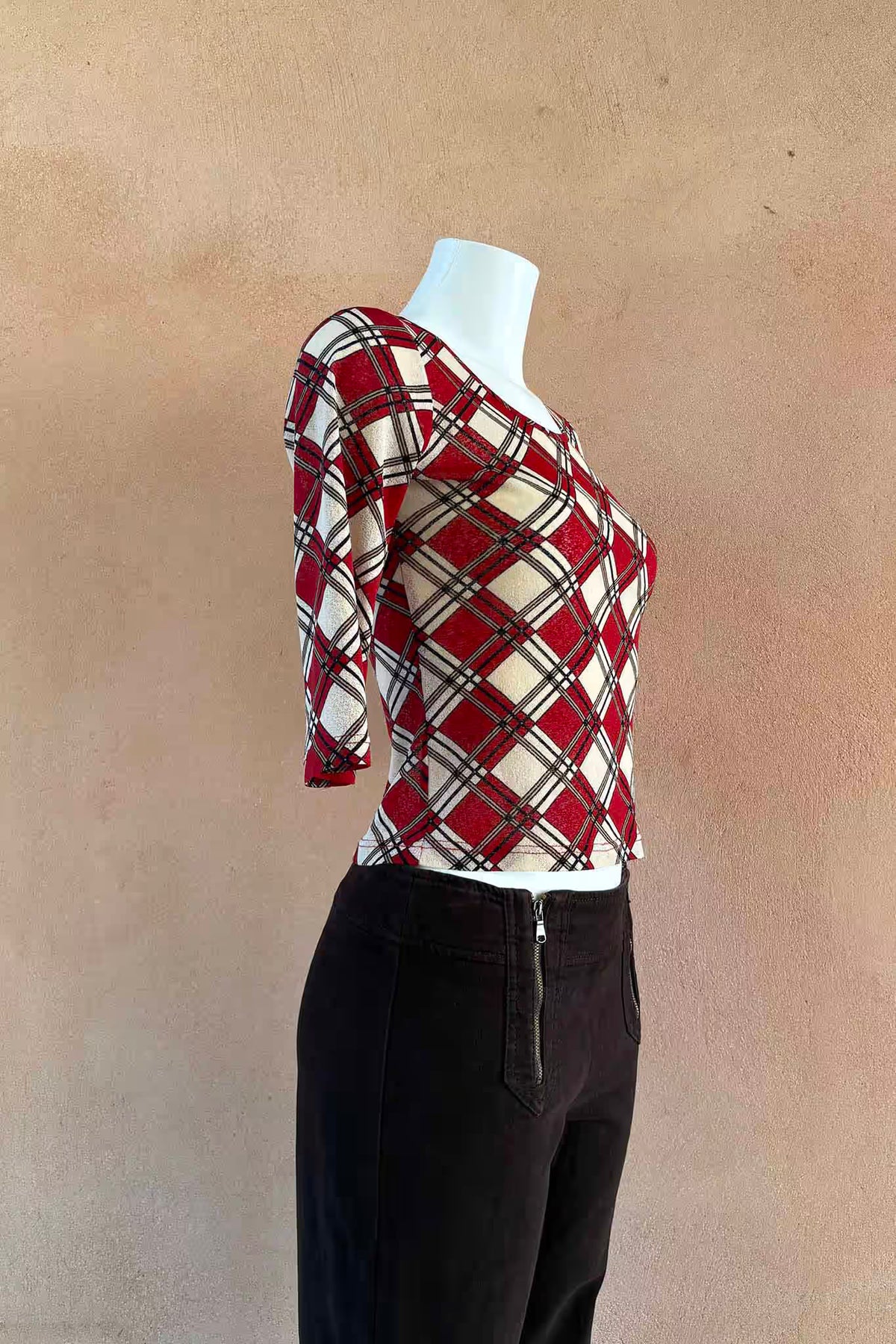 The Esisto by Conpibel Red Plaid Mesh Y2K Top