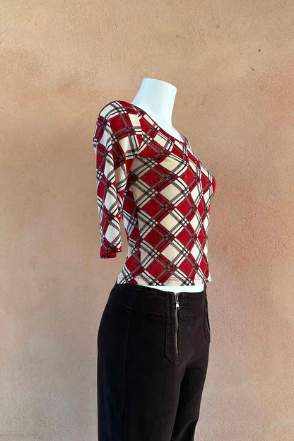 The Esisto by Conpibel Red Plaid Mesh Y2K Top