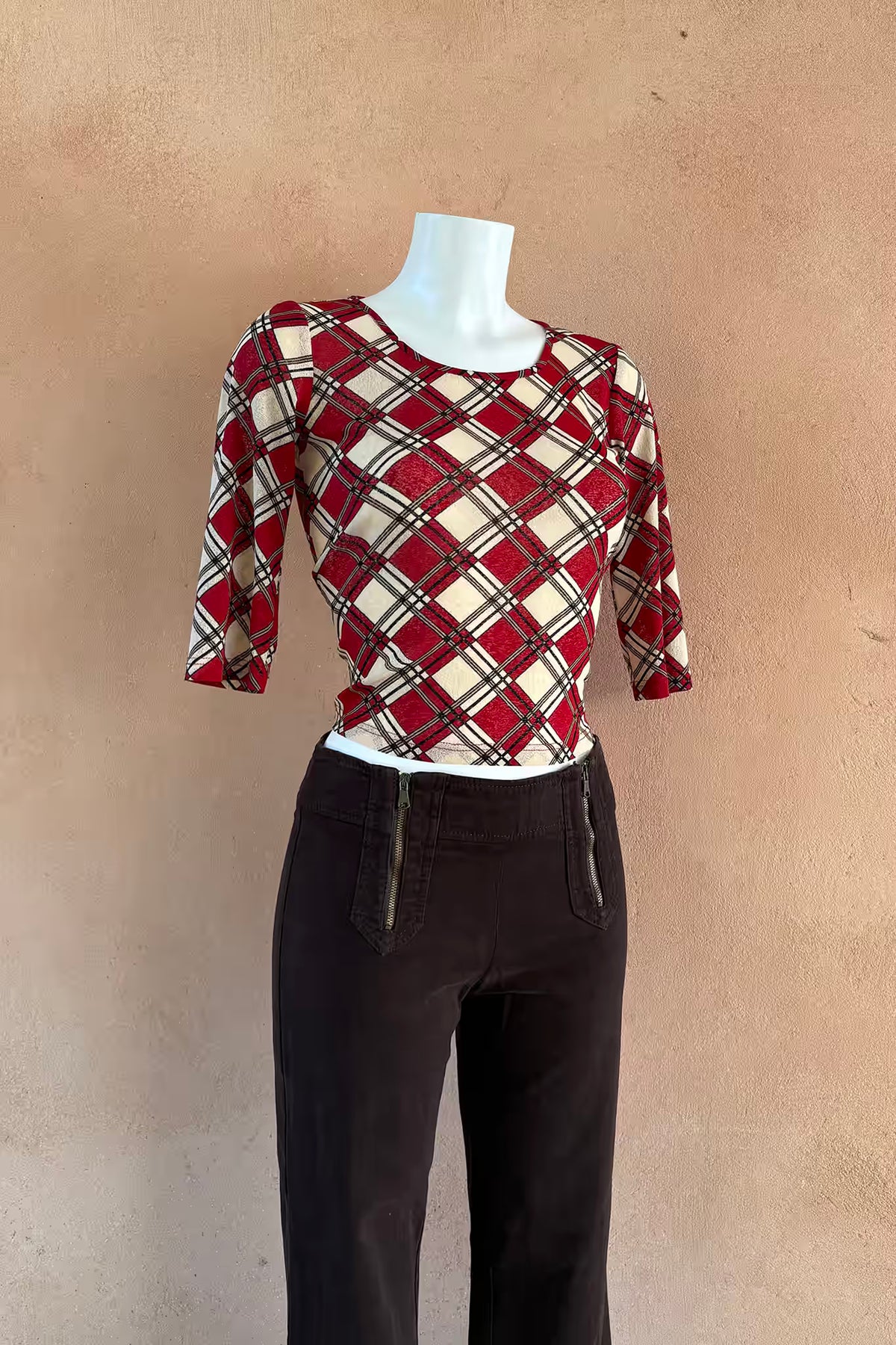 The Esisto by Conpibel Red Plaid Mesh Y2K Top