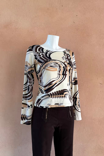The Cream & Brown Geometric Swirl Y2K Top
