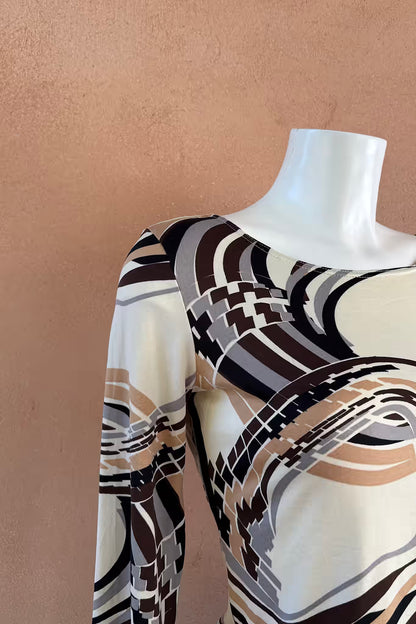 The Cream & Brown Geometric Swirl Y2K Top