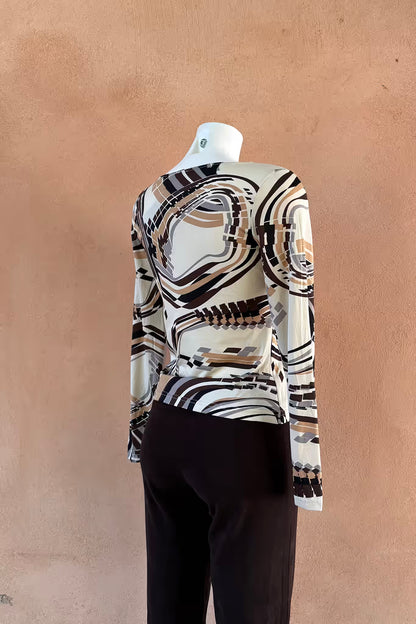The Cream & Brown Geometric Swirl Y2K Top