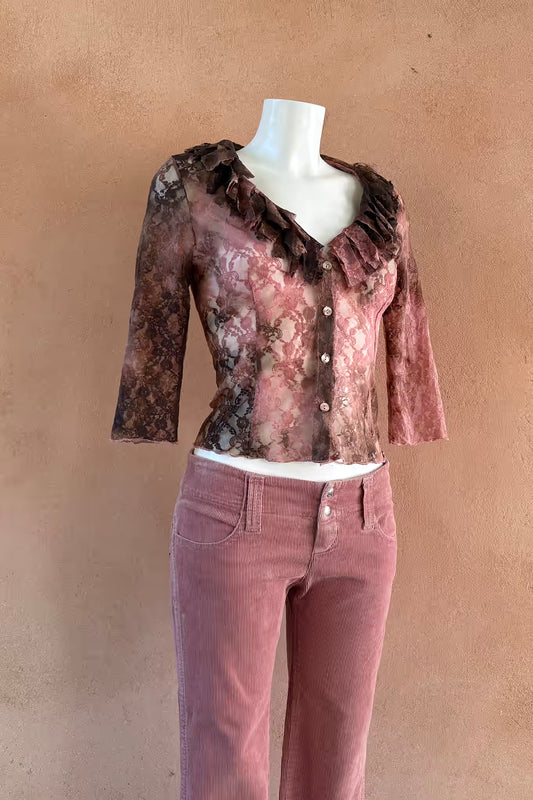 The Dusty Pink & Brown Lace Ruffle Y2K Top