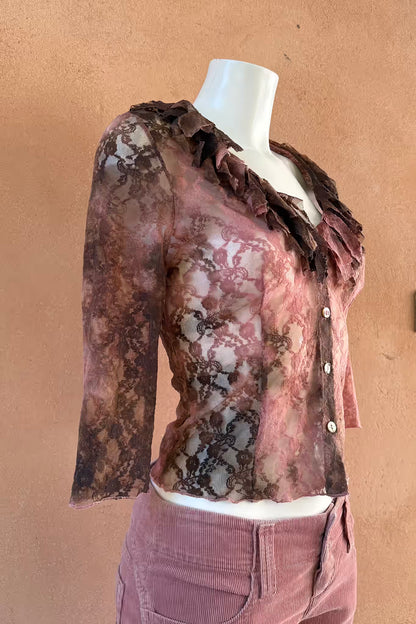 The Dusty Pink & Brown Lace Ruffle Y2K Top