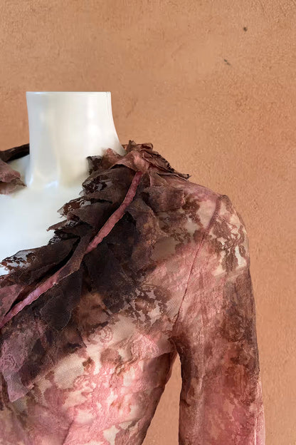 The Dusty Pink & Brown Lace Ruffle Y2K Top