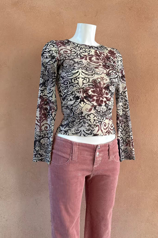 The Baroque Print Mesh Y2K Top