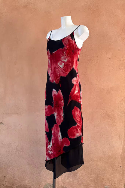 The Black & Red Floral Asymmetrical 90s Slip Dress