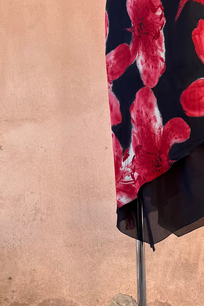 The Black & Red Floral Asymmetrical 90s Slip Dress