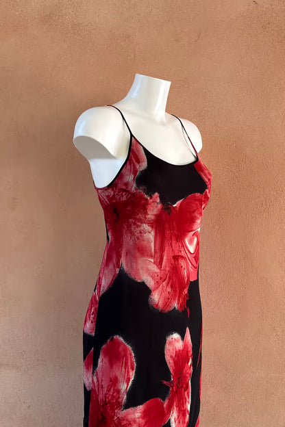 The Black & Red Floral Asymmetrical 90s Slip Dress