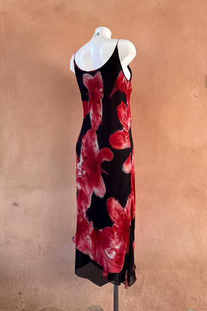 The Black & Red Floral Asymmetrical 90s Slip Dress