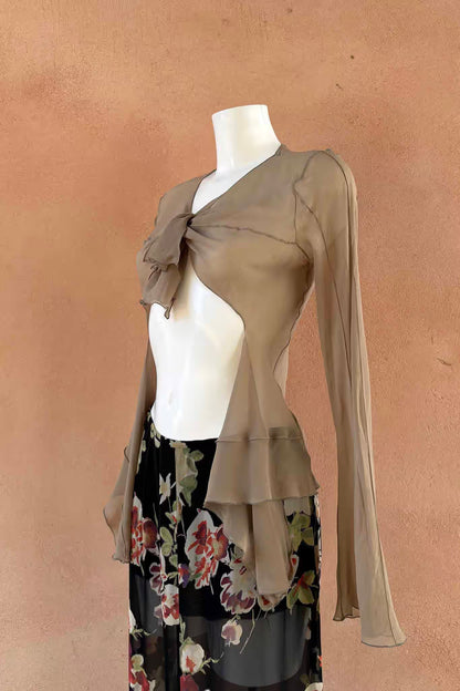 The Patrizia Pepe Taupe Silk Ruffle Wrap Y2K Top