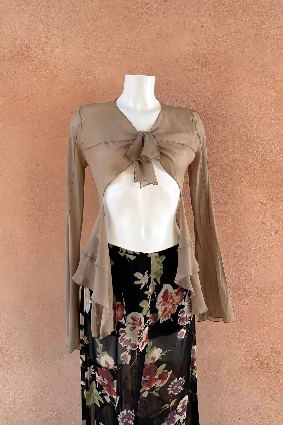 The Patrizia Pepe Taupe Silk Ruffle Wrap Y2K Top