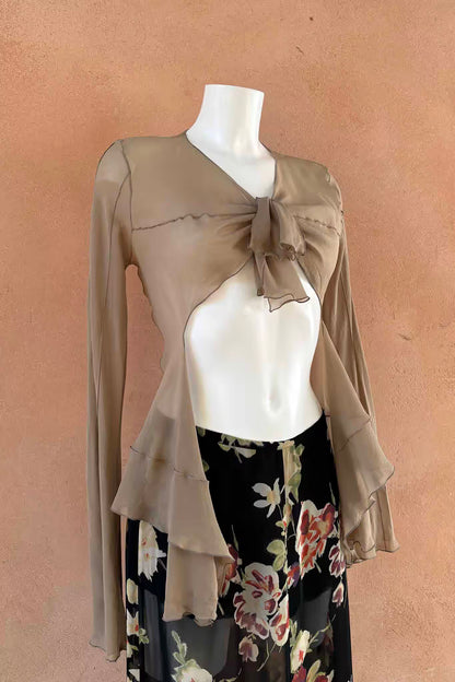 The Patrizia Pepe Taupe Silk Ruffle Wrap Y2K Top