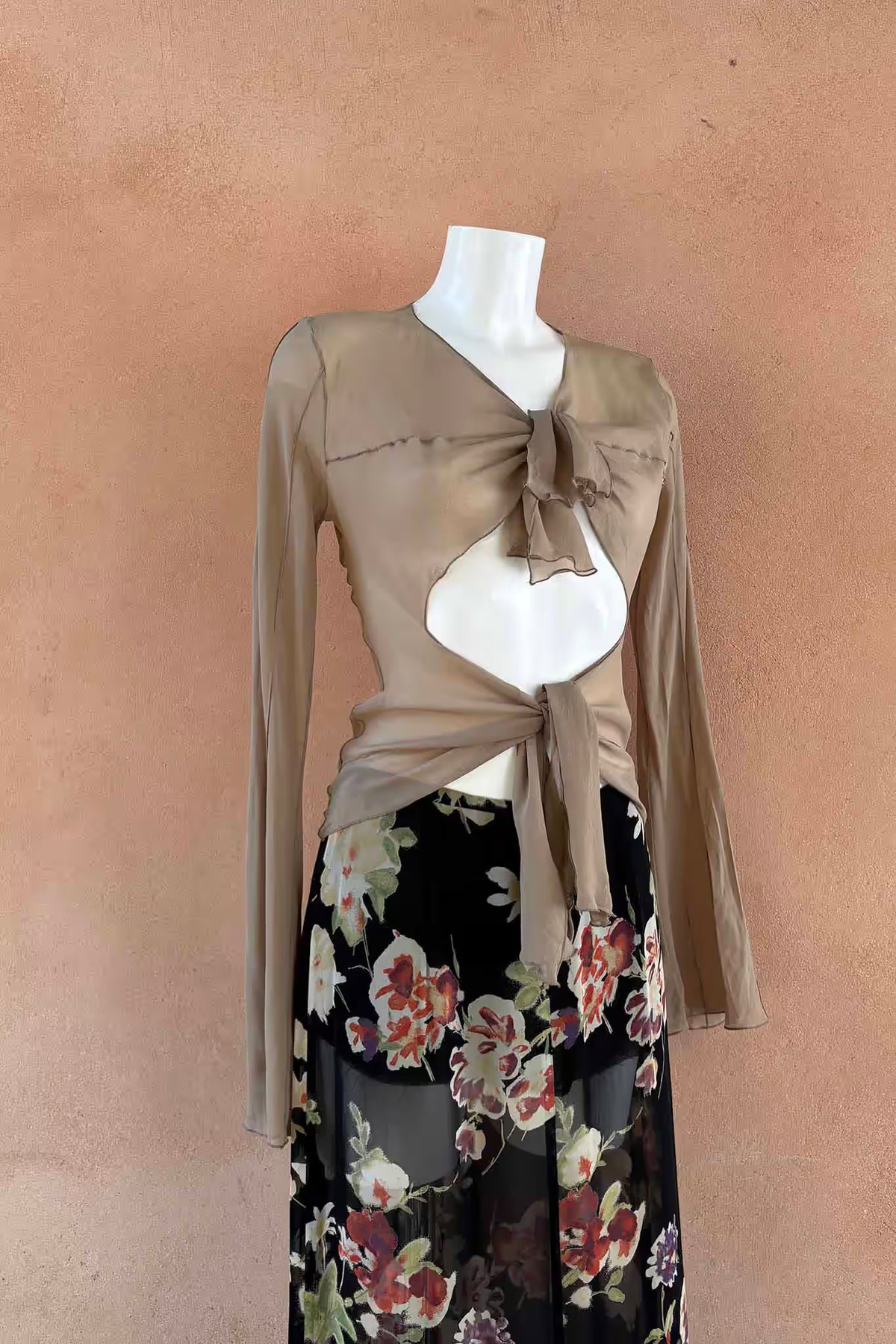 The Patrizia Pepe Taupe Silk Ruffle Wrap Y2K Top