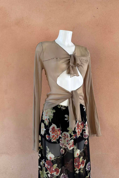 The Patrizia Pepe Taupe Silk Ruffle Wrap Y2K Top