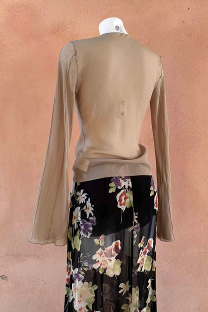 The Patrizia Pepe Taupe Silk Ruffle Wrap Y2K Top